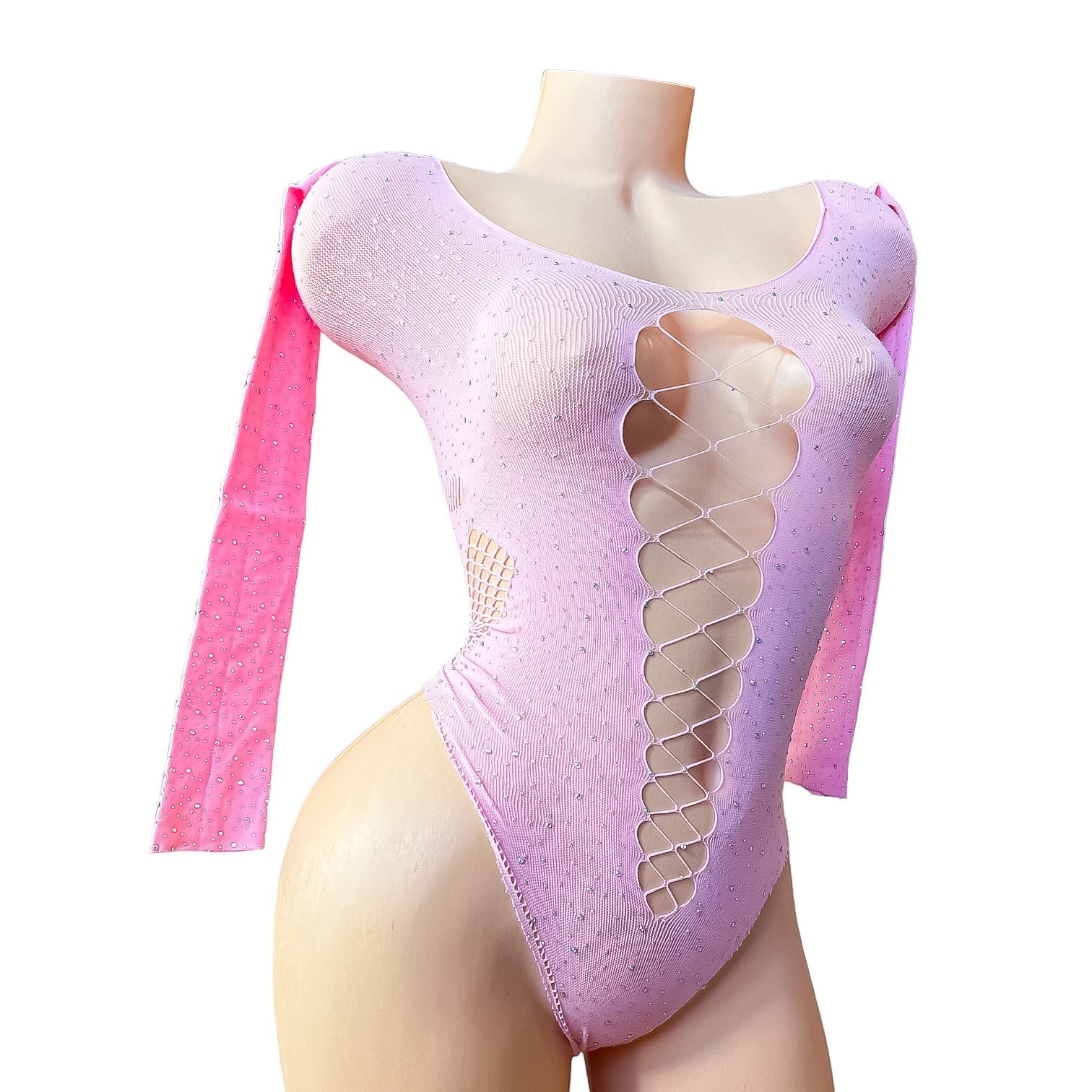 Pastel Pink Rhinestoned Fishnet Bodysuit with Cutouts - EXOTIC DANCEWEAR - GrlFriday Shop