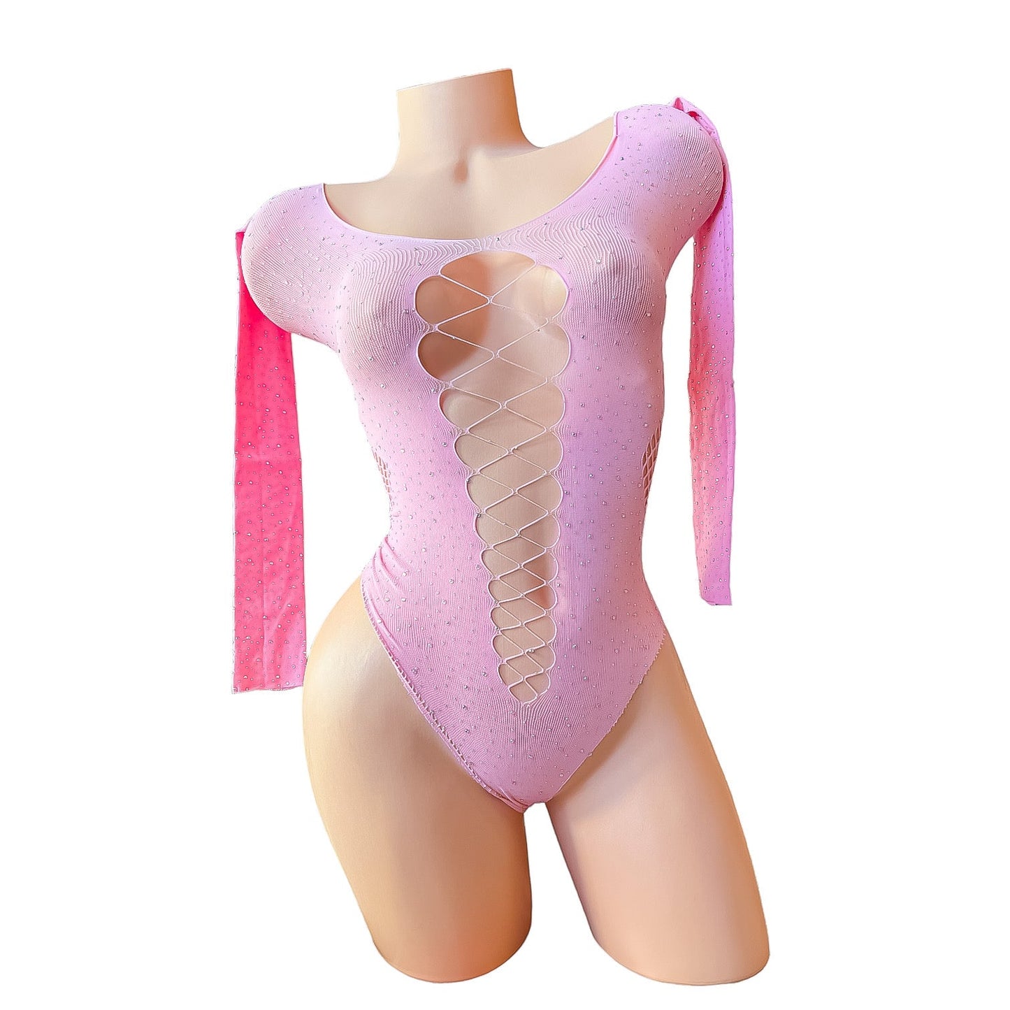 Pastel Pink Rhinestoned Fishnet Bodysuit with Cutouts - EXOTIC DANCEWEAR - GrlFriday Shop