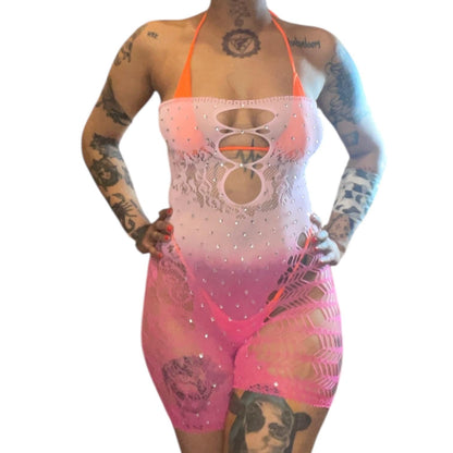 Pink Rhinestoned Ombré Fishnet Strapless Shorts Romper - GrlFriday Shop