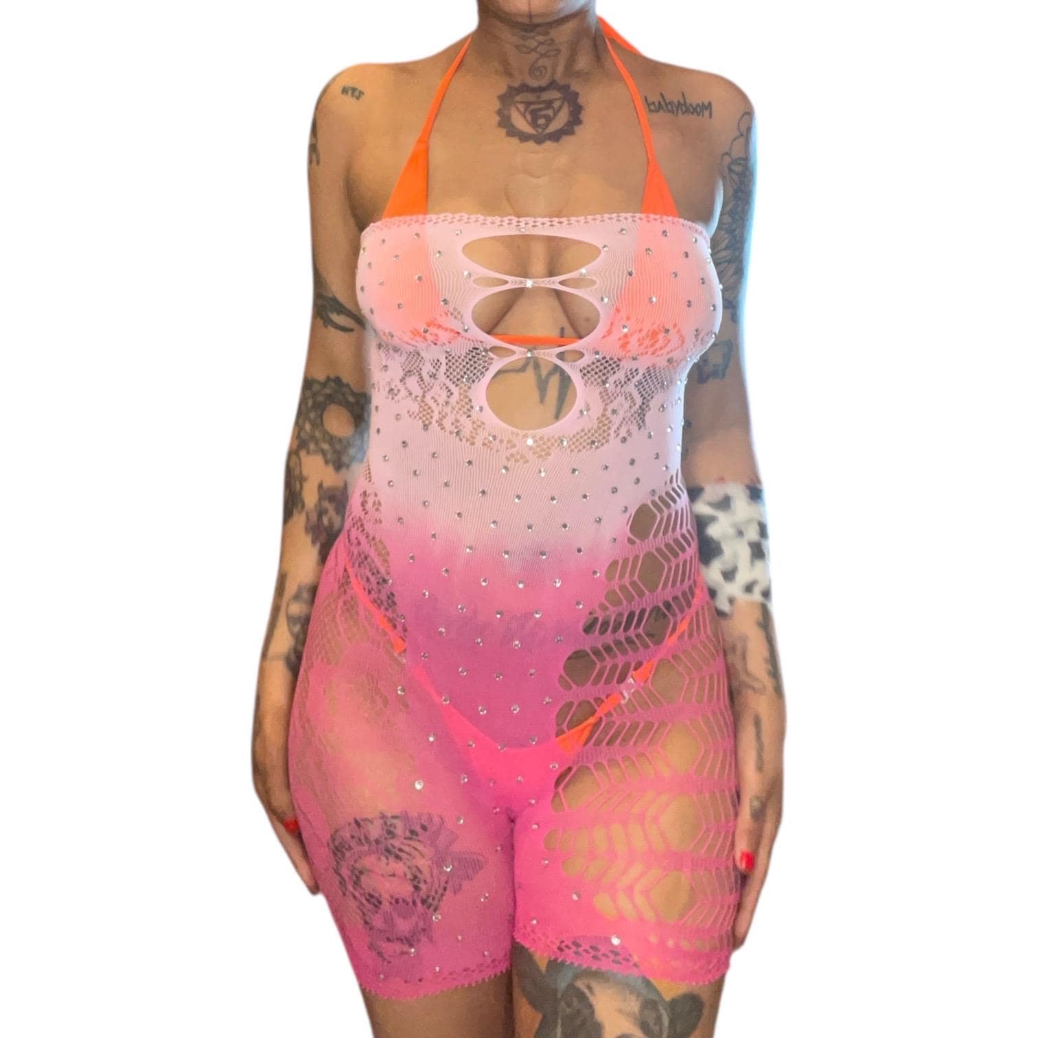 Pink Rhinestoned Ombré Fishnet Strapless Shorts Romper - GrlFriday Shop