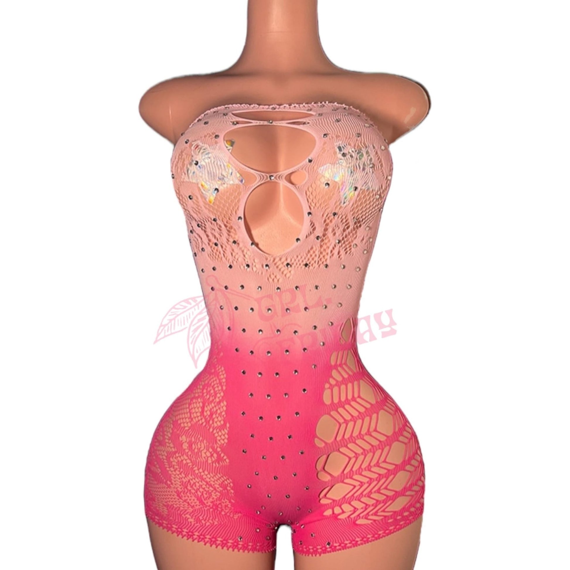 Pink Rhinestoned Ombré Fishnet Strapless Shorts Romper - GrlFriday Shop