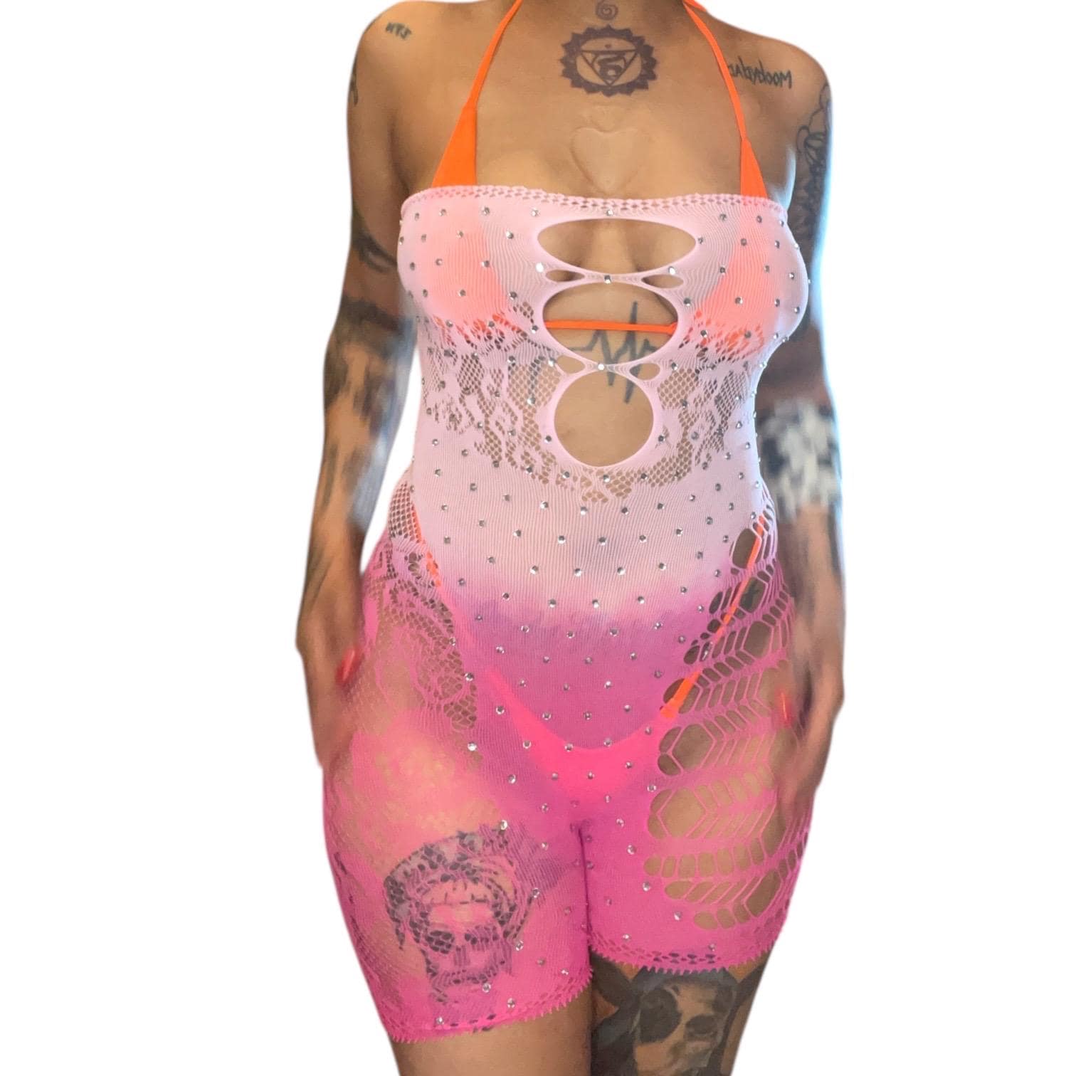 Pink Rhinestoned Ombré Fishnet Strapless Shorts Romper - GrlFriday Shop