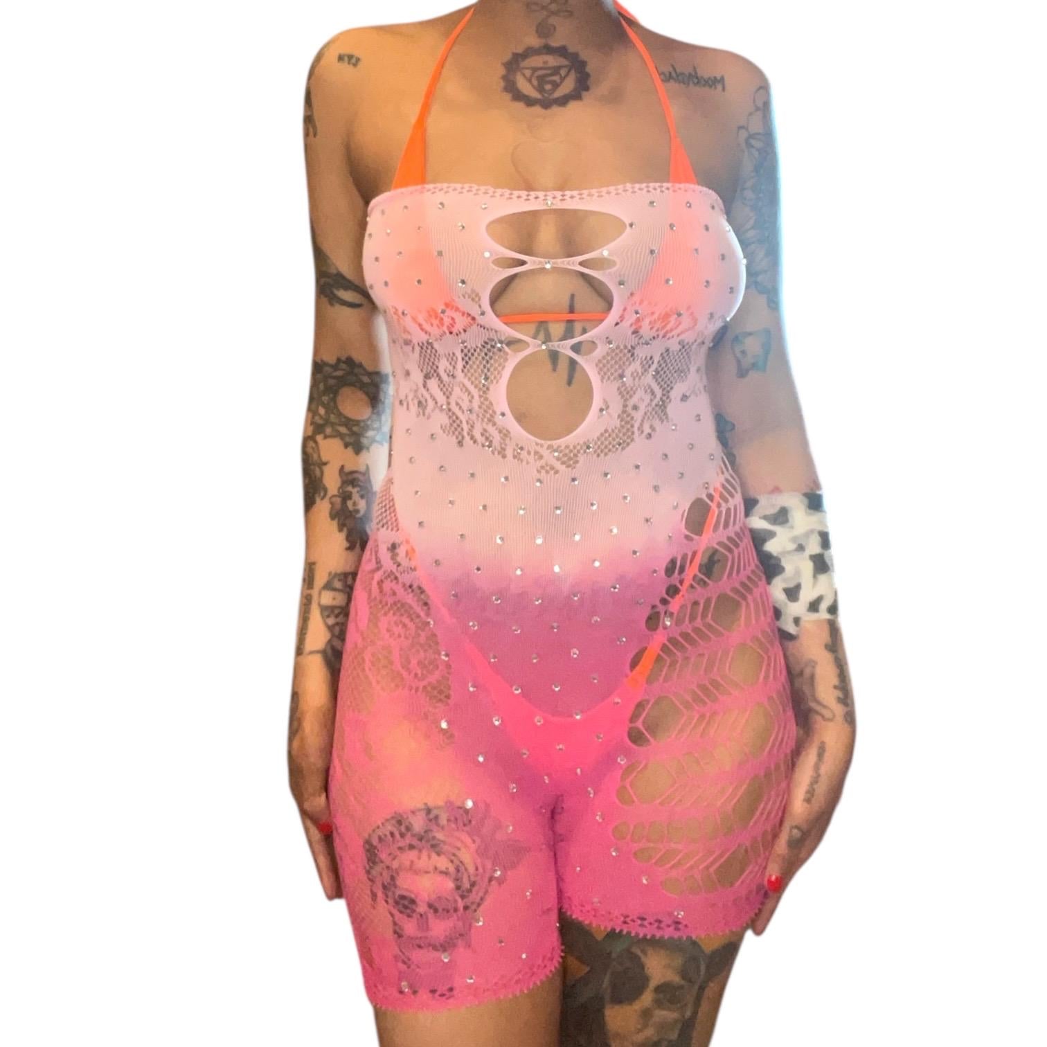 Pink Rhinestoned Ombré Fishnet Strapless Shorts Romper - GrlFriday Shop