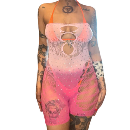 Pink Rhinestoned Ombré Fishnet Strapless Shorts Romper - GrlFriday Shop