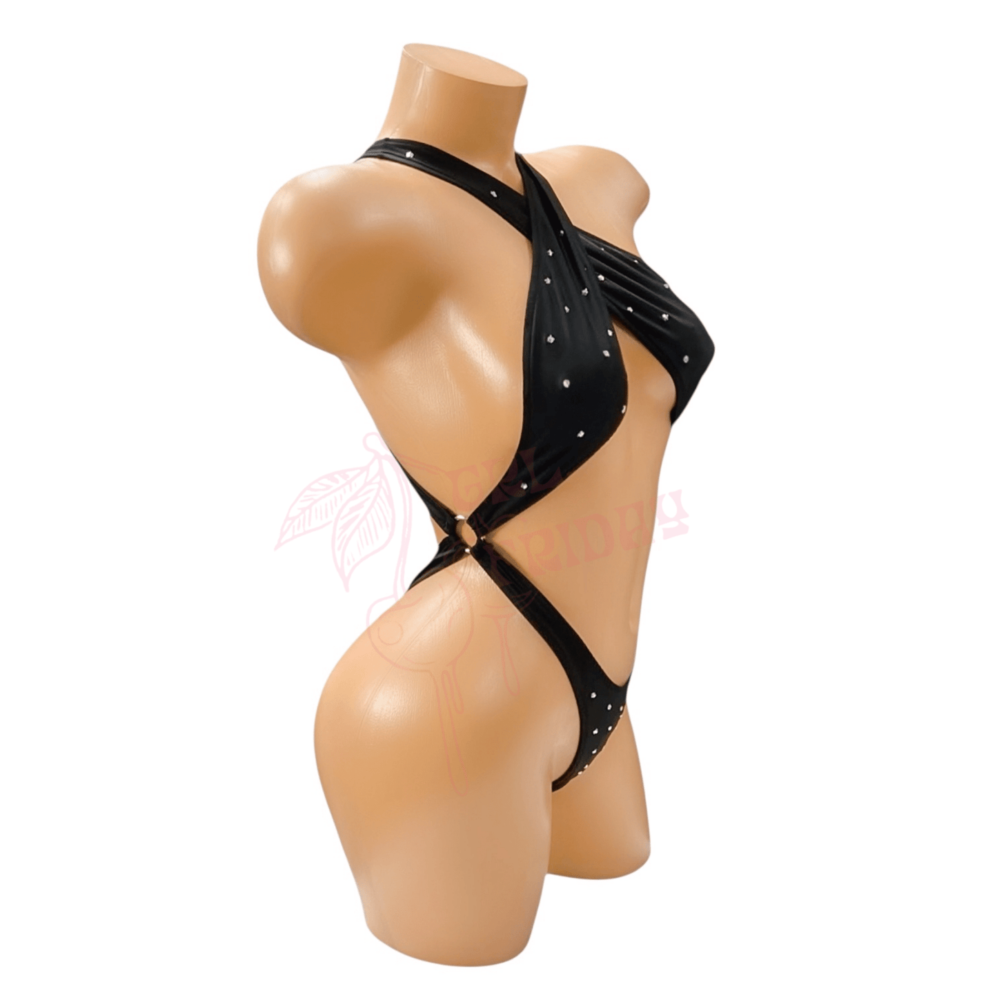 Rhinestone Slingshot Bodysuit - Black - GrlFriday Shop