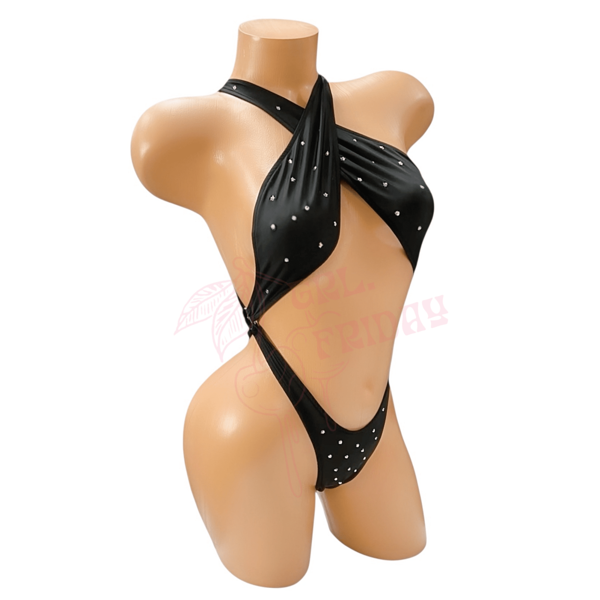 Rhinestone Slingshot Bodysuit - Black - GrlFriday Shop