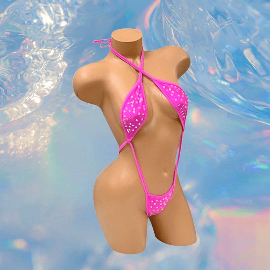 Rhinestoned Bling Slingshot Bikini - Hot Pink - GrlFriday Shop