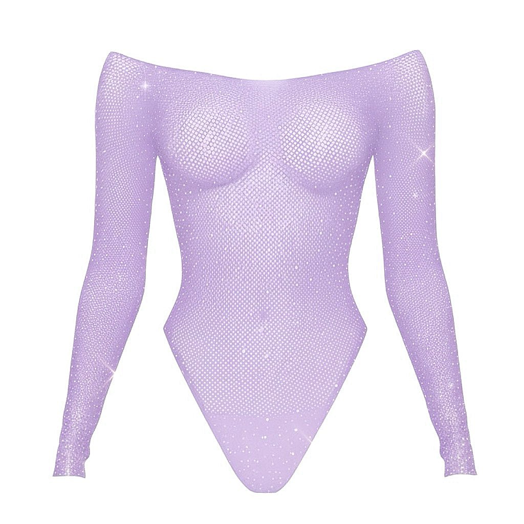 Rhinestoned Fishnet Bodysuit - Lavender - GrlFriday Shop