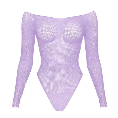 Rhinestoned Fishnet Bodysuit - Lavender - GrlFriday Shop