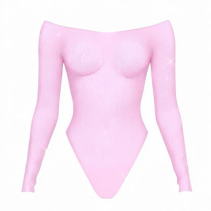 Rhinestoned Fishnet Bodysuit - Pastel Pink - GrlFriday Shop