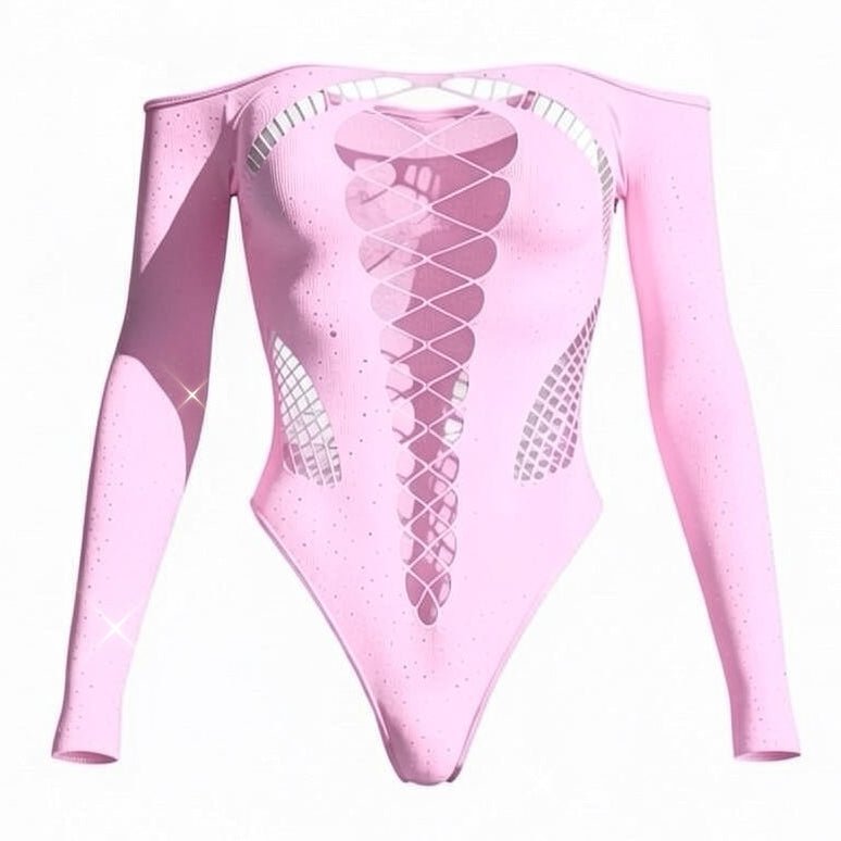 Rhinestoned Fishnet Bodysuit - Pastel Pink - GrlFriday Shop