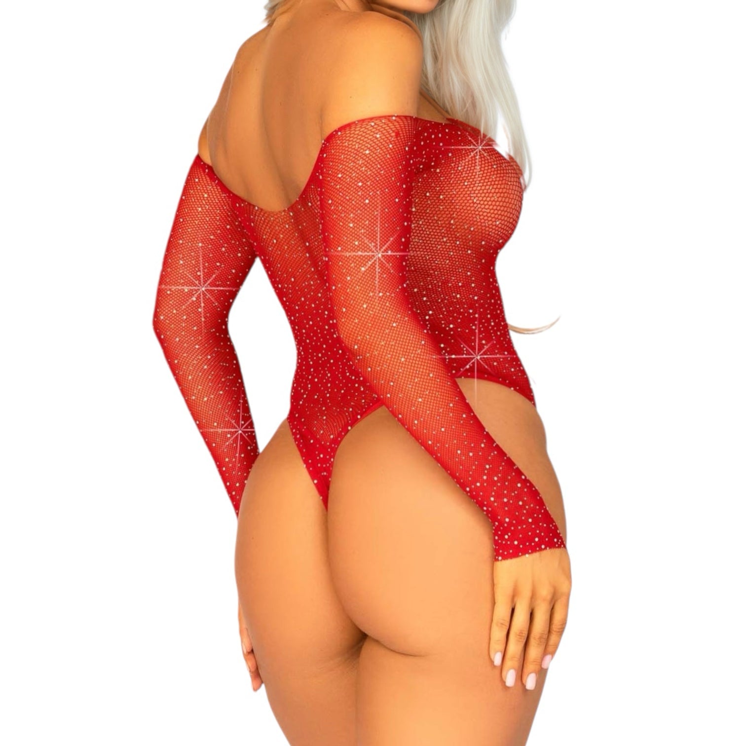 Rhinestoned Fishnet Bodysuit - Red - GrlFriday Shop