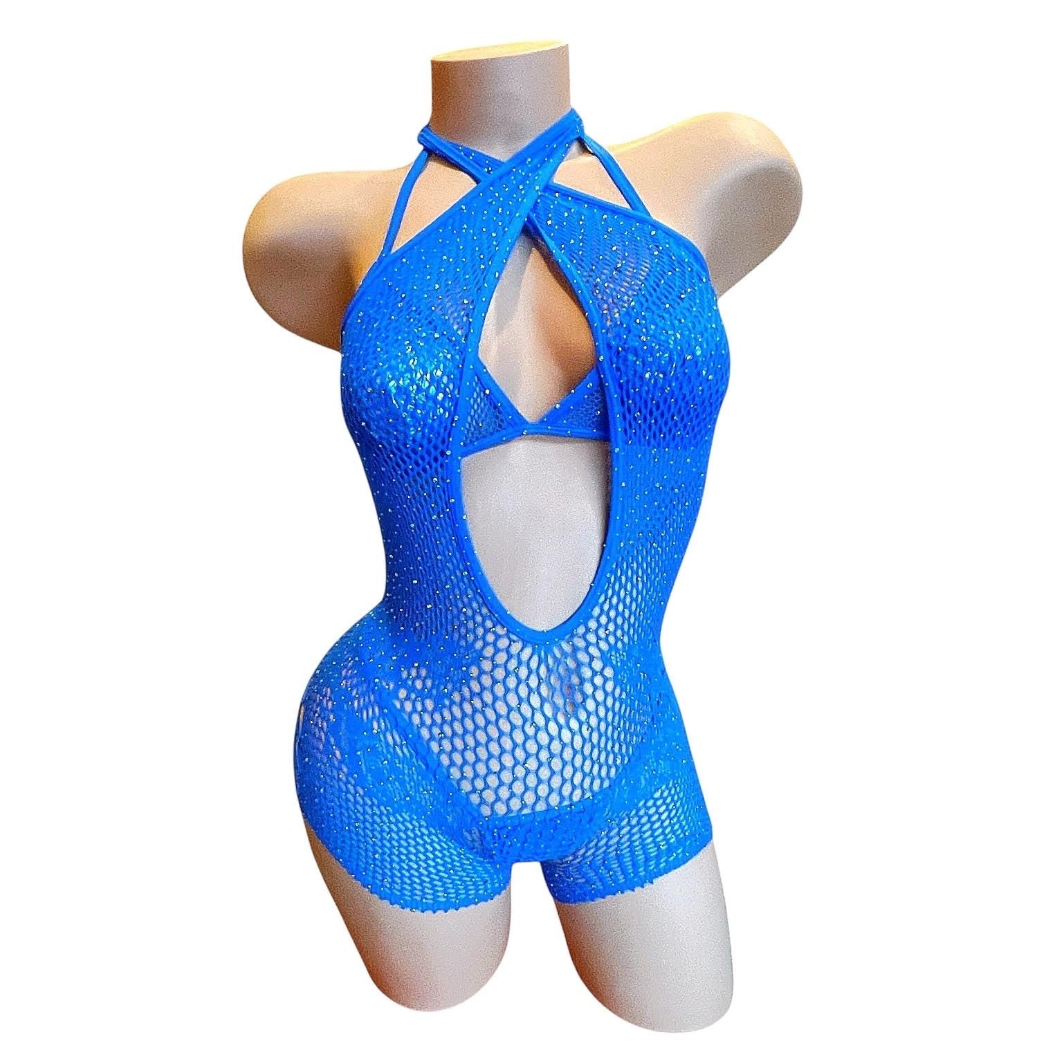 Royal Blue Mesh Rhinestoned Halter Shorts Bodystocking with Matching Bikini - EXOTIC DANCEWEAR - GrlFriday Shop