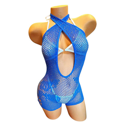 Royal Blue Mesh Rhinestoned Halter Shorts Bodystocking with Matching Bikini - EXOTIC DANCEWEAR - GrlFriday Shop