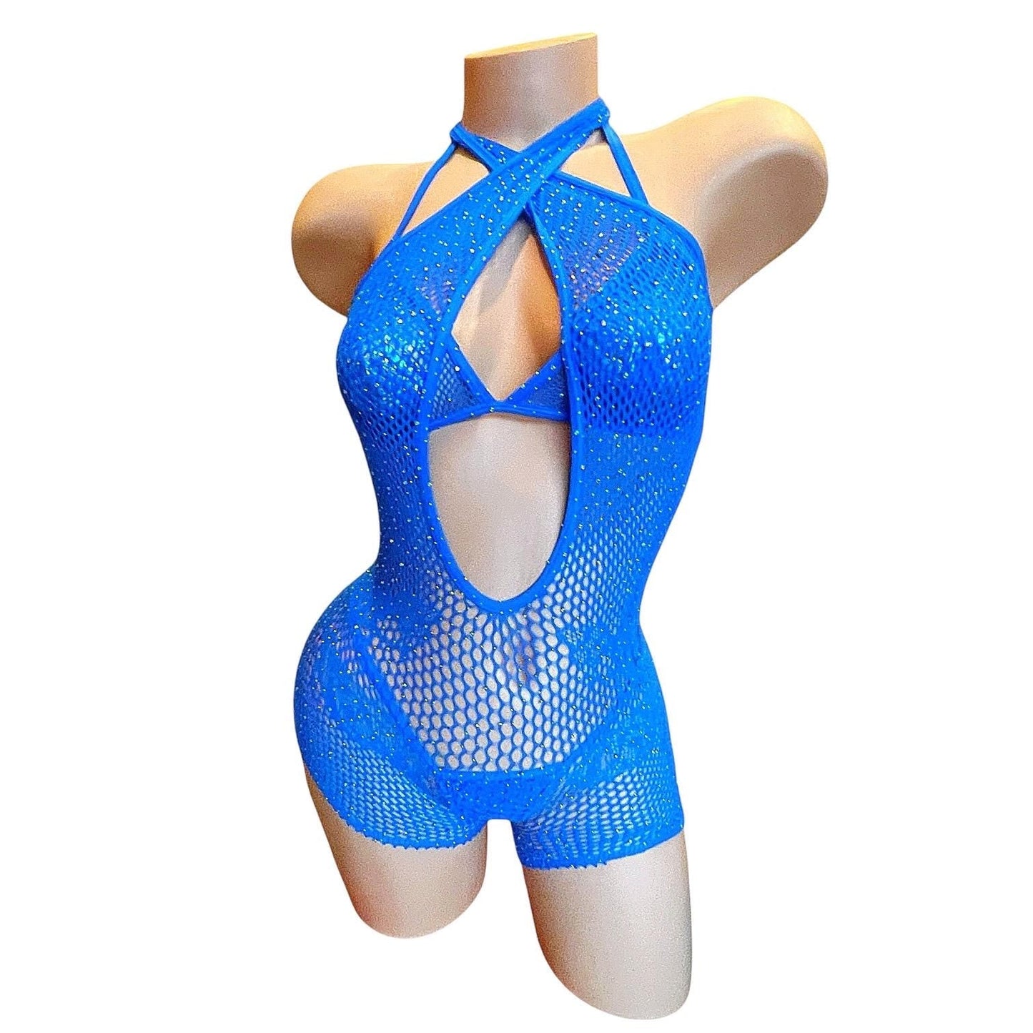 Royal Blue Mesh Rhinestoned Halter Shorts Bodystocking with Matching Bikini - EXOTIC DANCEWEAR - GrlFriday Shop