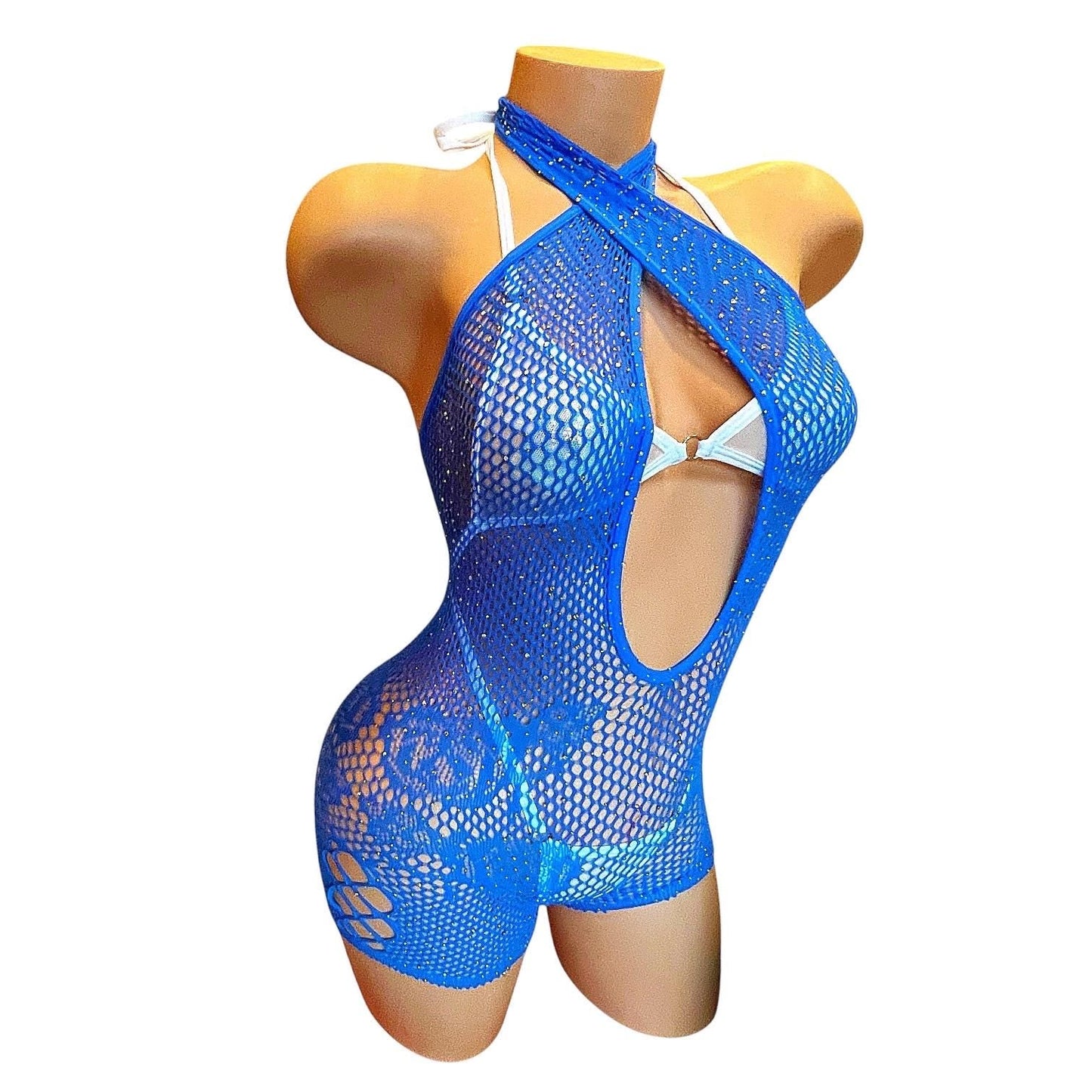 Royal Blue Mesh Rhinestoned Halter Shorts Bodystocking with Matching Bikini - EXOTIC DANCEWEAR - GrlFriday Shop