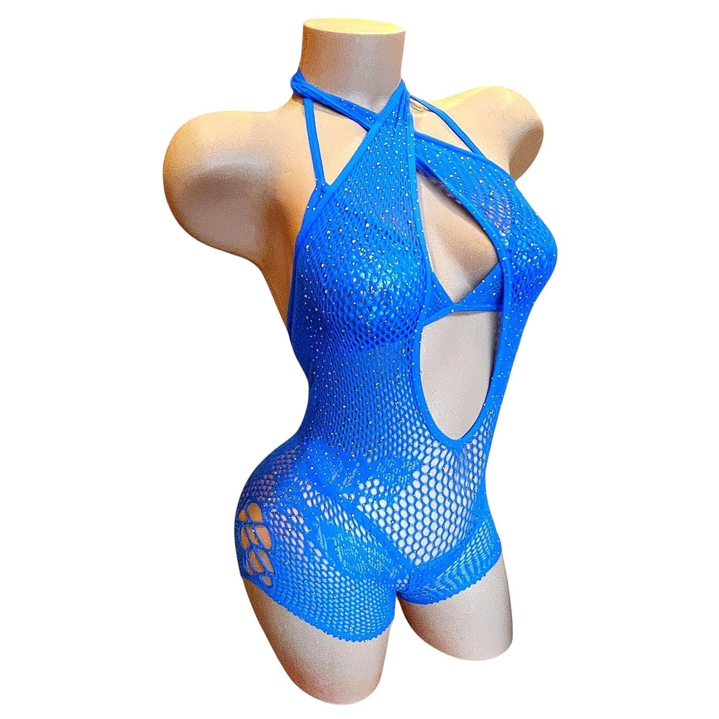 Royal Blue Mesh Rhinestoned Halter Shorts Bodystocking with Matching Bikini - EXOTIC DANCEWEAR - GrlFriday Shop