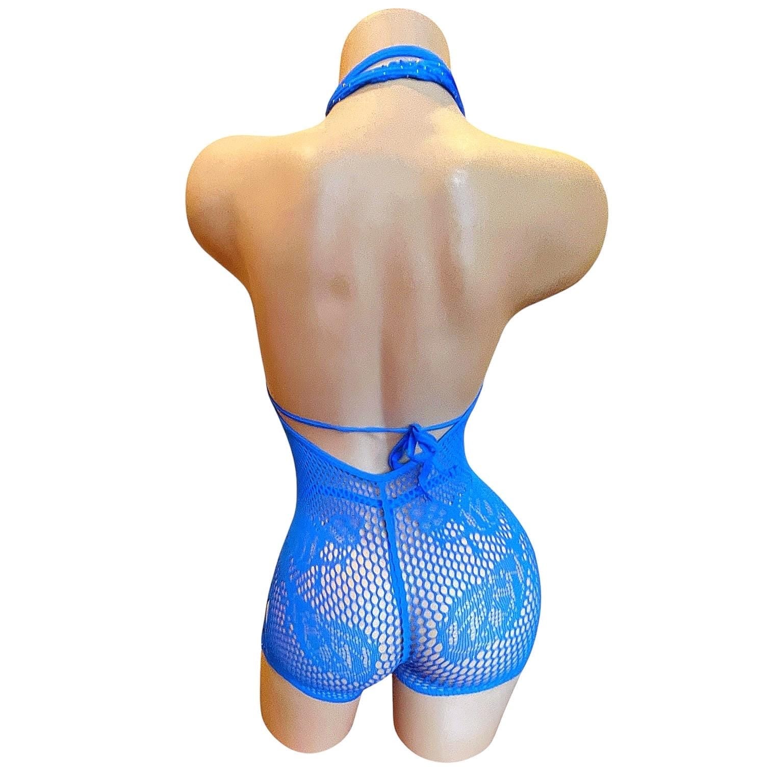 Royal Blue Mesh Rhinestoned Halter Shorts Bodystocking with Matching Bikini - EXOTIC DANCEWEAR - GrlFriday Shop