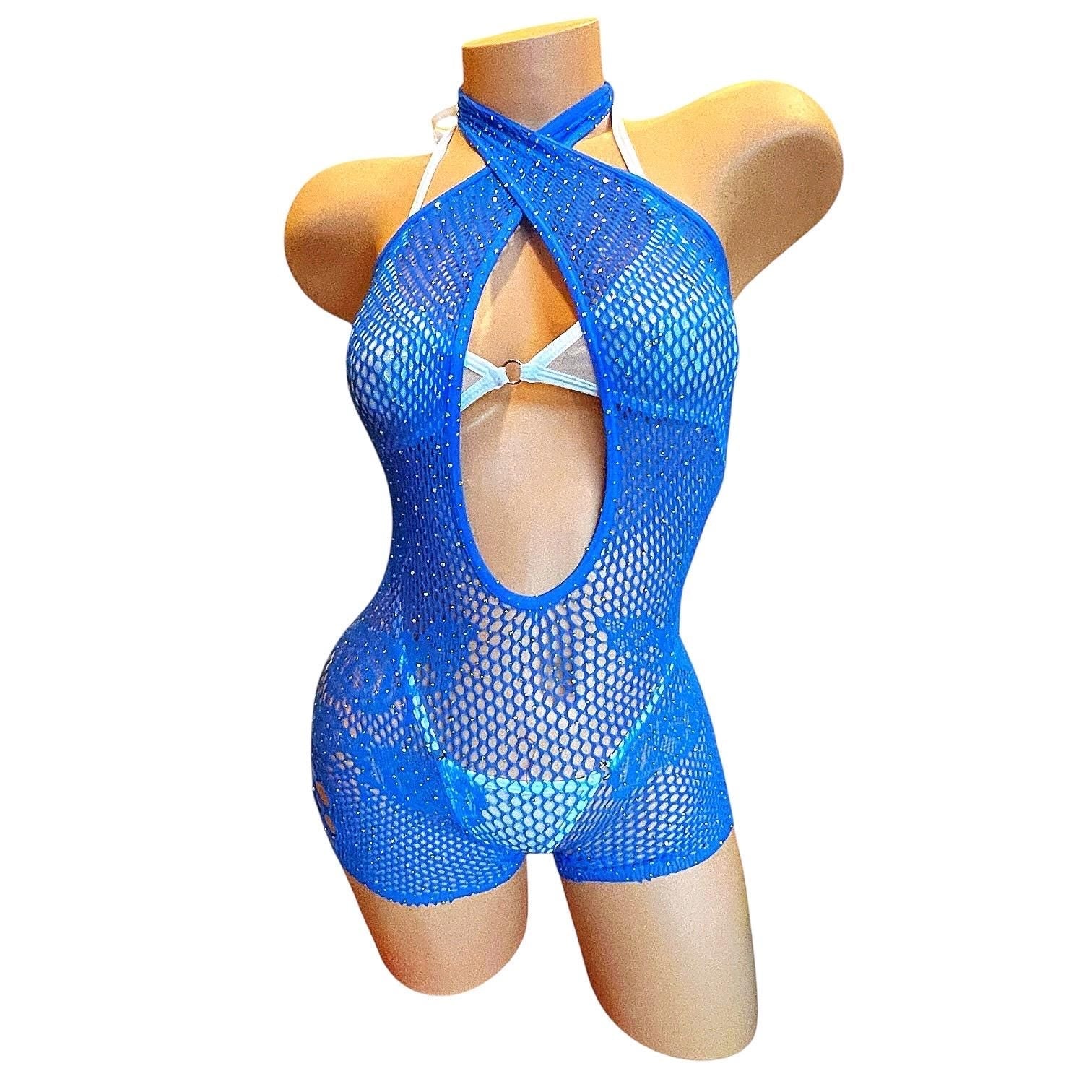 Royal Blue Mesh Rhinestoned Halter Shorts Bodystocking with Matching Bikini - EXOTIC DANCEWEAR - GrlFriday Shop