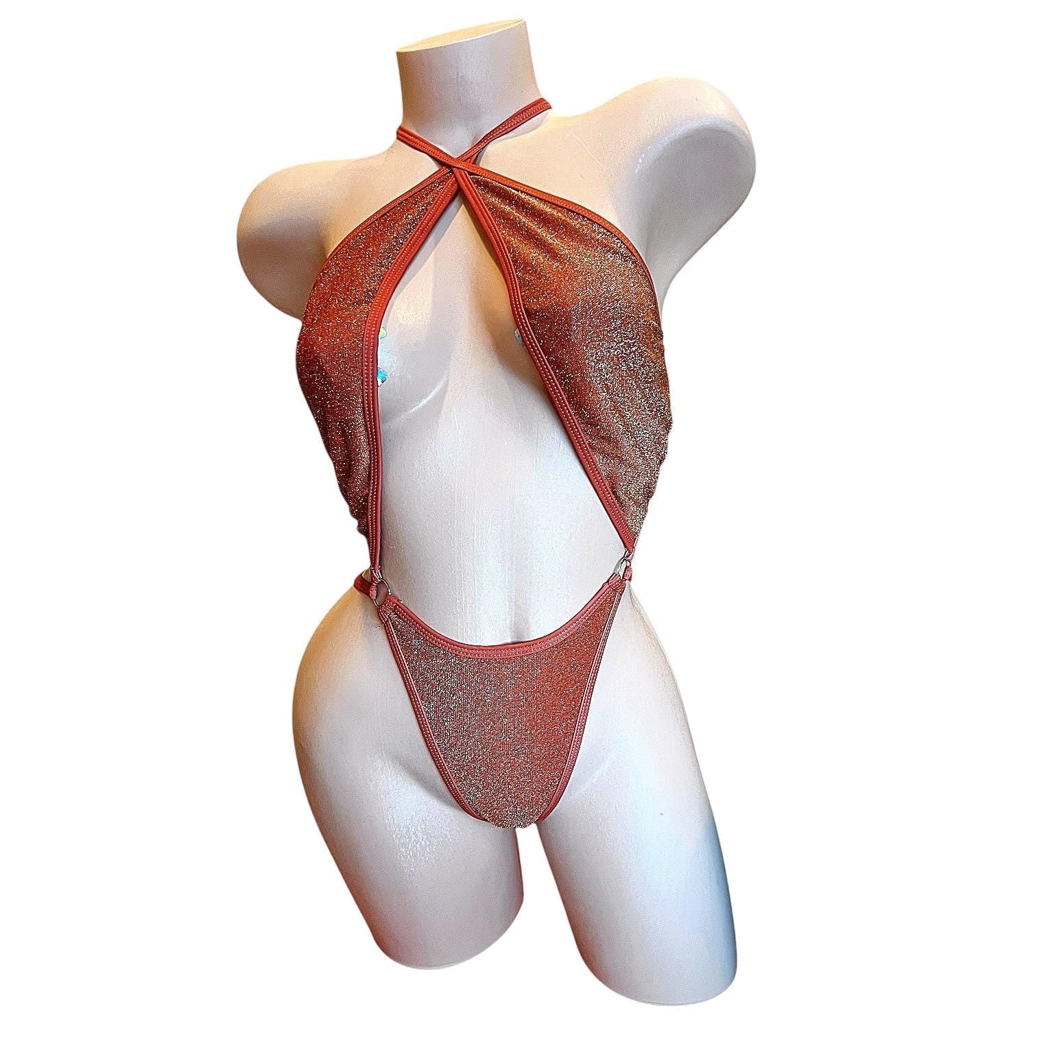 Rust Orange Metallic Glitter Slingshot Bikini - EXOTIC DANCEWEAR - GrlFriday Shop