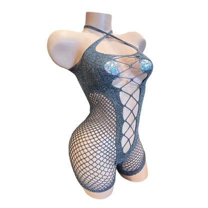 Silver Metallic Mesh Shorts Bodystocking Romper - GrlFriday Shop