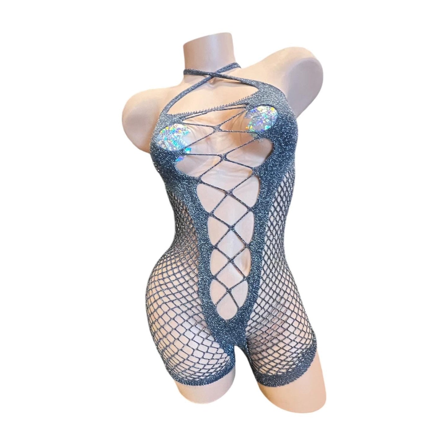 Silver Metallic Mesh Shorts Bodystocking Romper - GrlFriday Shop