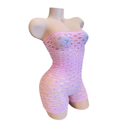 Strapless Shorts Romper - Pastel Pink - Rhinestoned - GrlFriday Shop