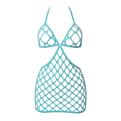 Teal Rhinestoned Fishnet Halter Mini Dress - GrlFriday Shop