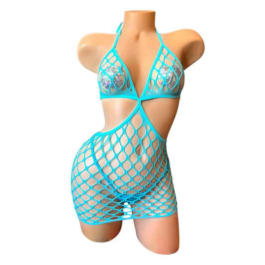 Teal Rhinestoned Fishnet Halter Mini Dress - GrlFriday Shop