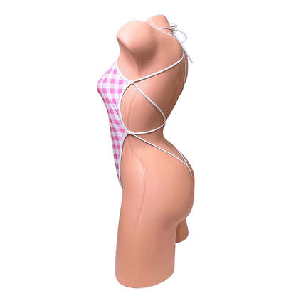 Vintage Deep Cut One Piece - Pink + White Gingham - GrlFriday Shop