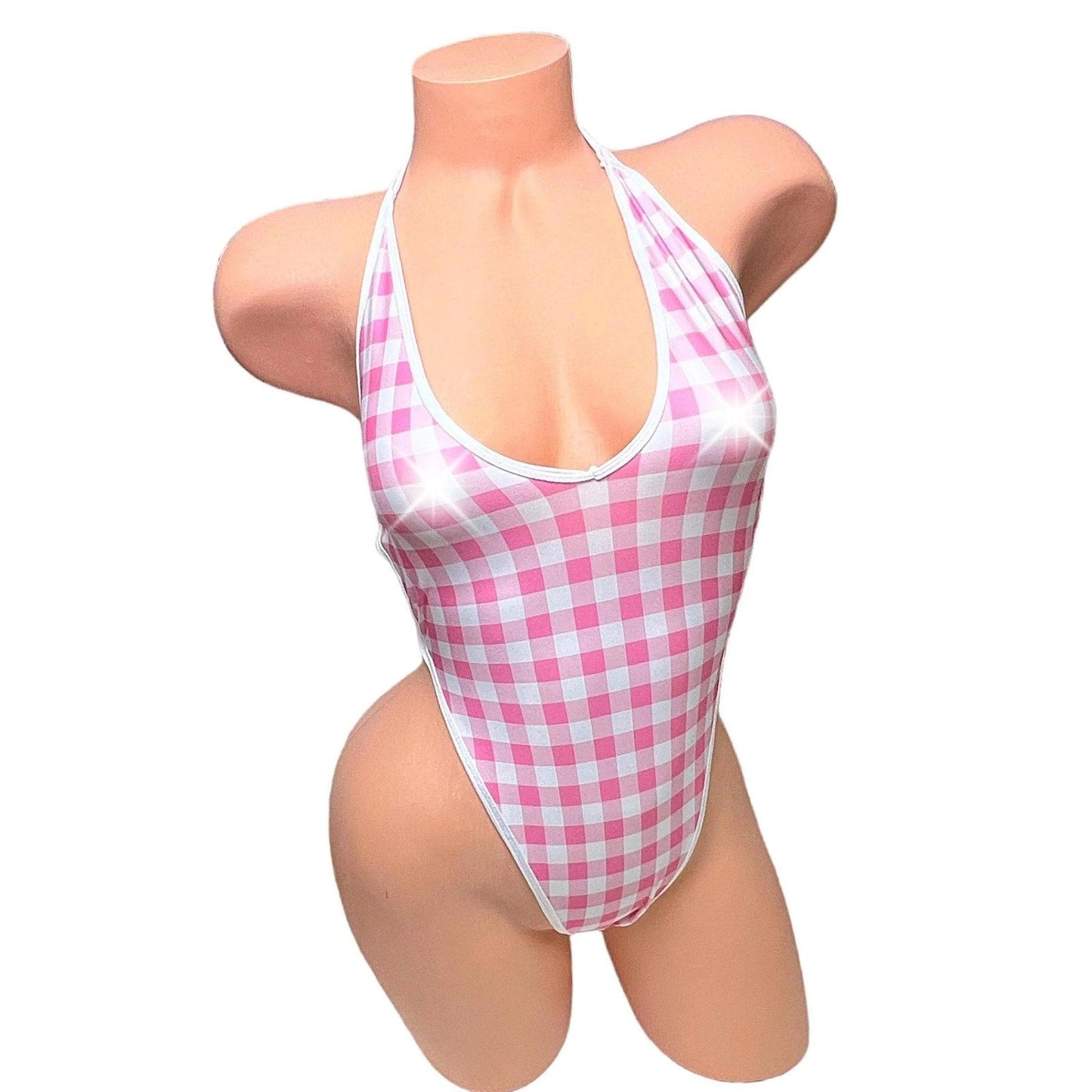 Vintage Deep Cut One Piece - Pink + White Gingham - GrlFriday Shop