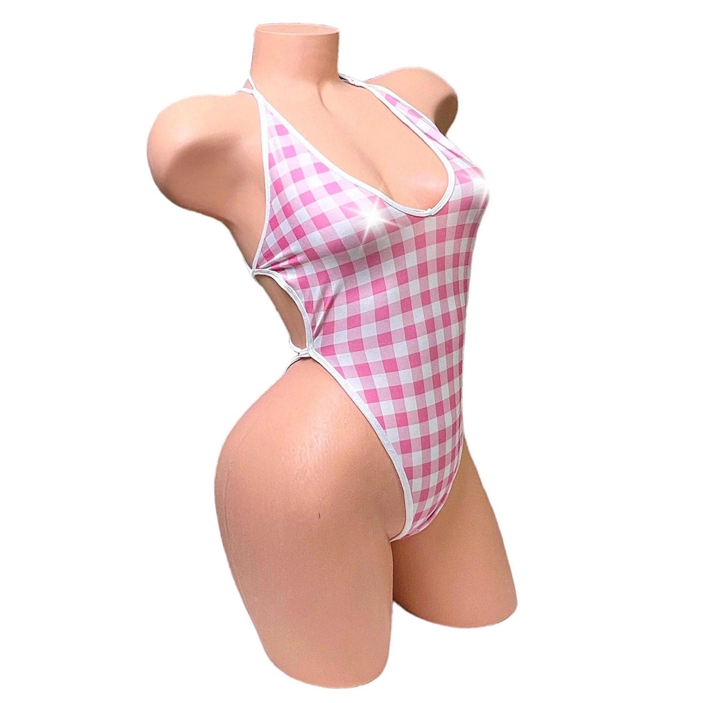 Vintage Deep Cut One Piece - Pink + White Gingham - GrlFriday Shop