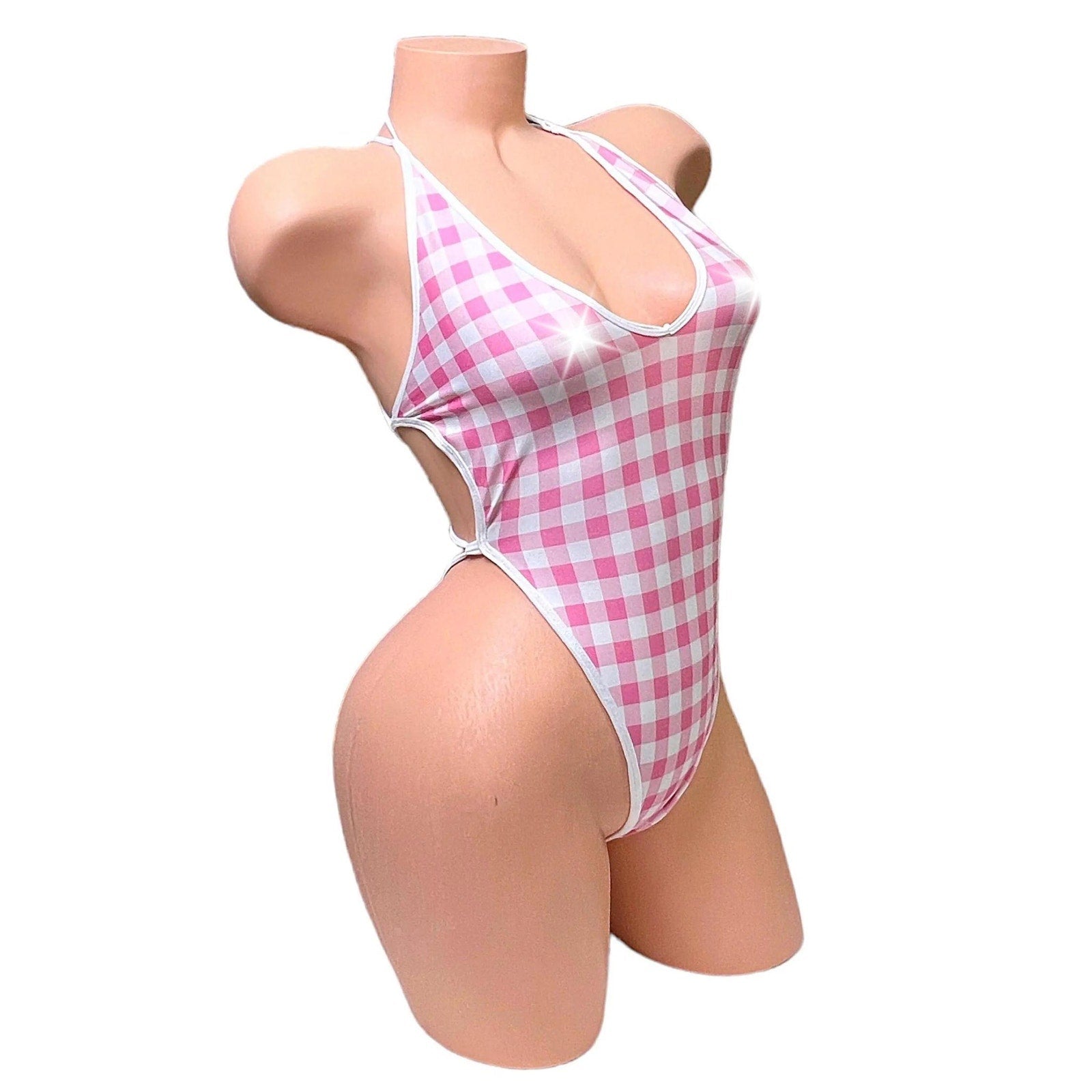 Vintage Deep Cut One Piece - Pink + White Gingham - GrlFriday Shop