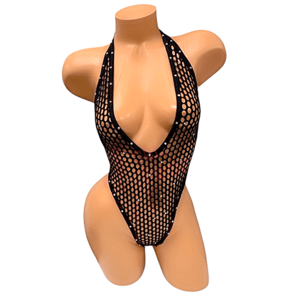 Vintage Deep Cut Thong Romper - Black Fishnet Mesh - GrlFriday Shop