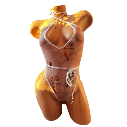 Vintage High Cut One Piece - Pink + White Cherub Angel Cupid Mesh - GrlFriday Shop