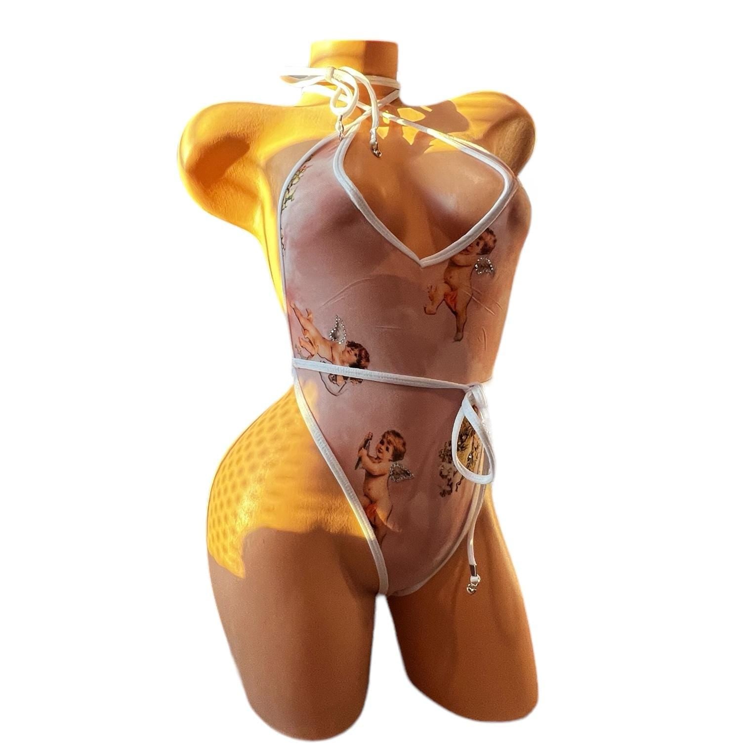 Vintage High Cut One Piece - Pink + White Cherub Angel Cupid Mesh - GrlFriday Shop