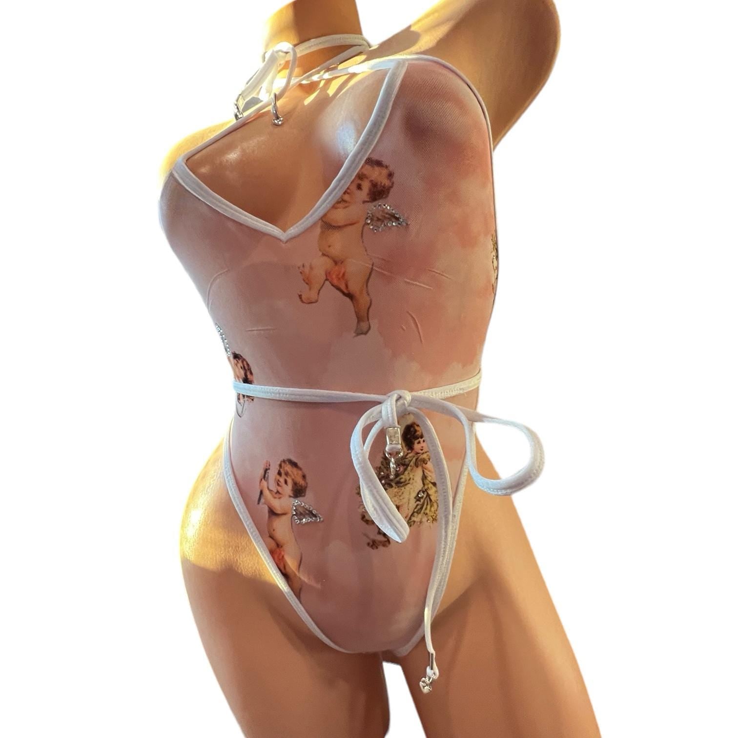 Vintage High Cut One Piece - Pink + White Cherub Angel Cupid Mesh - GrlFriday Shop