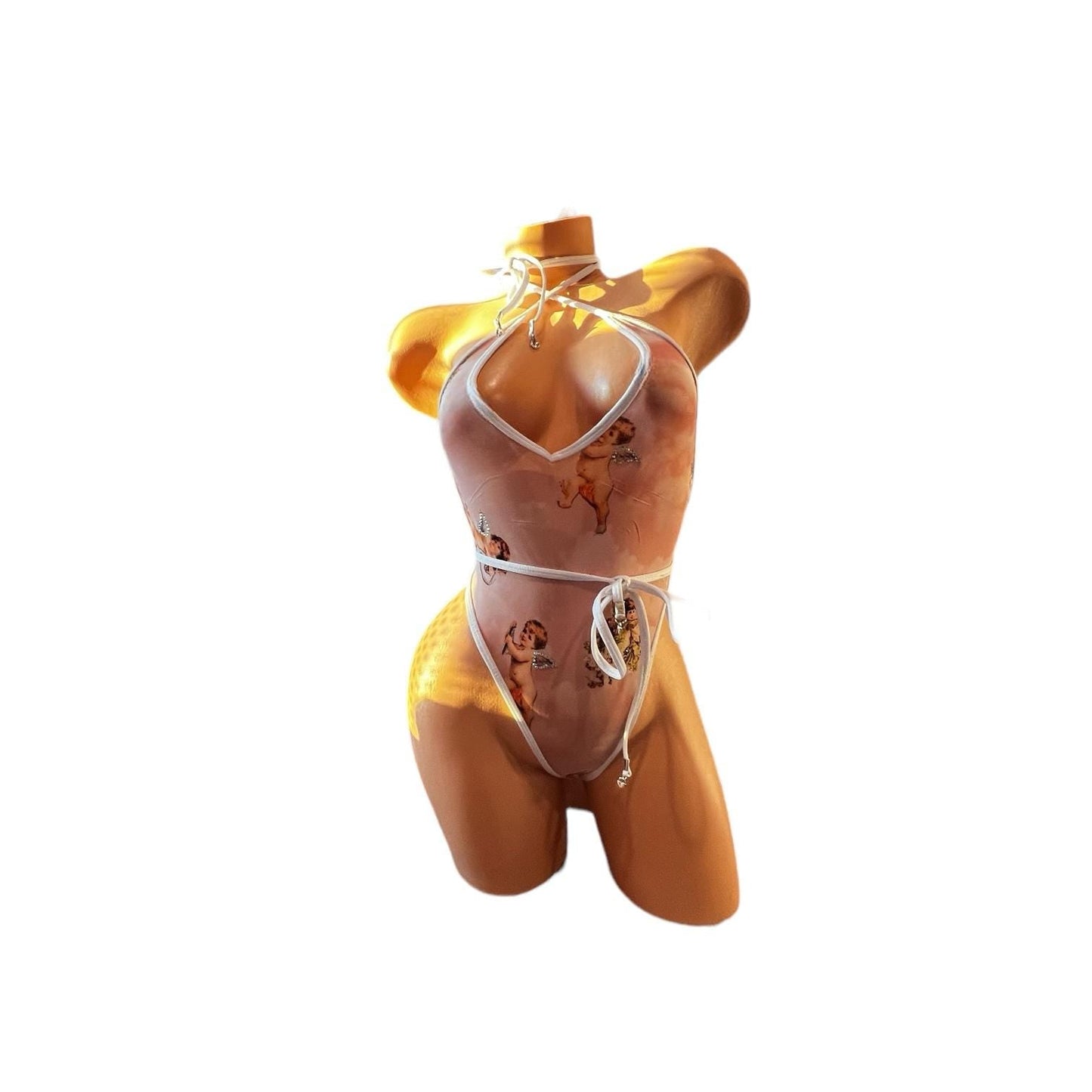 Vintage High Cut One Piece - Pink + White Cherub Angel Cupid Mesh - GrlFriday Shop