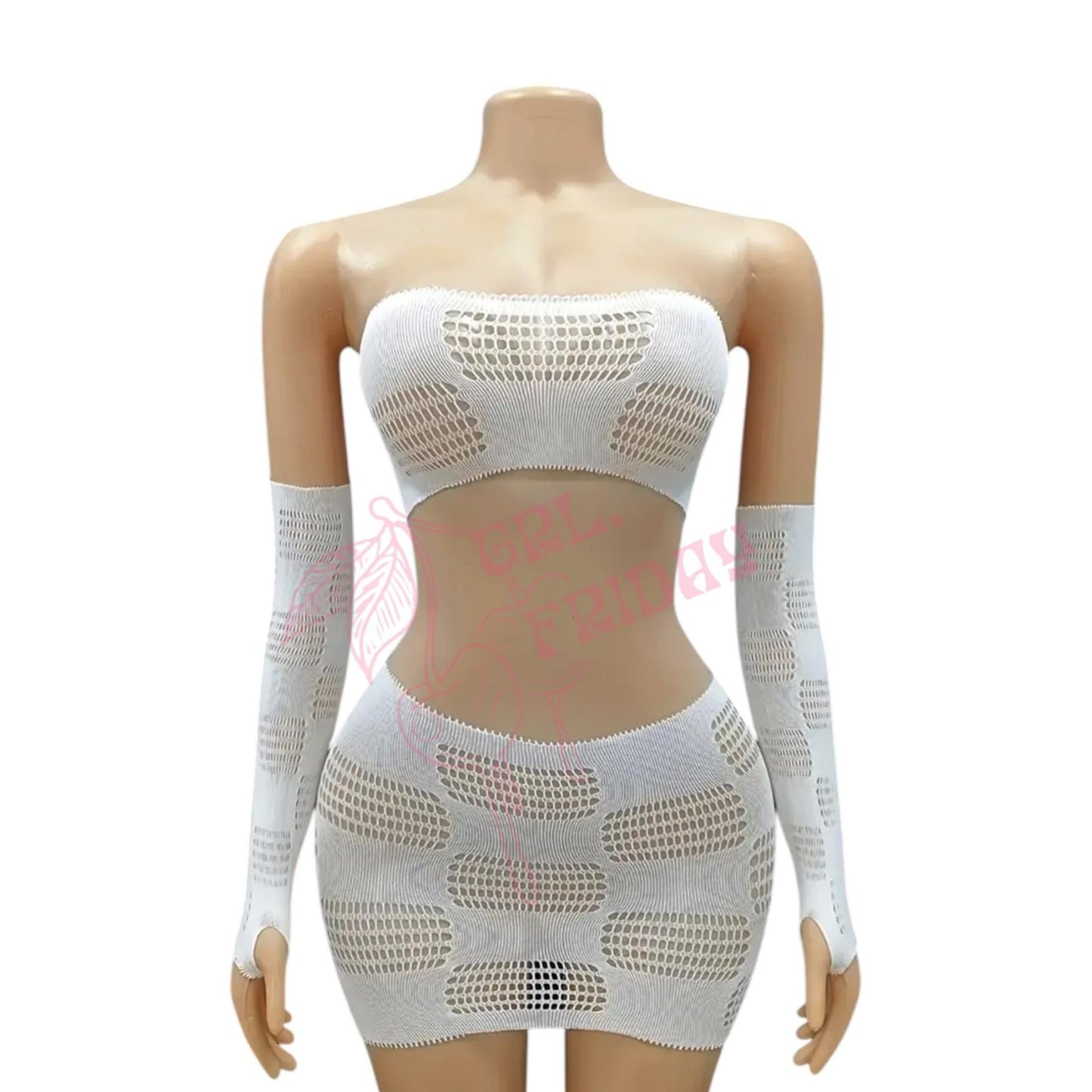 White Checker Board Fishnet Mesh Skirt Set with Matching Gloves - GrlFriday Shop