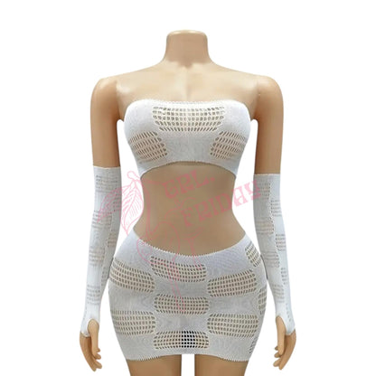White Checker Board Fishnet Mesh Skirt Set with Matching Gloves - GrlFriday Shop