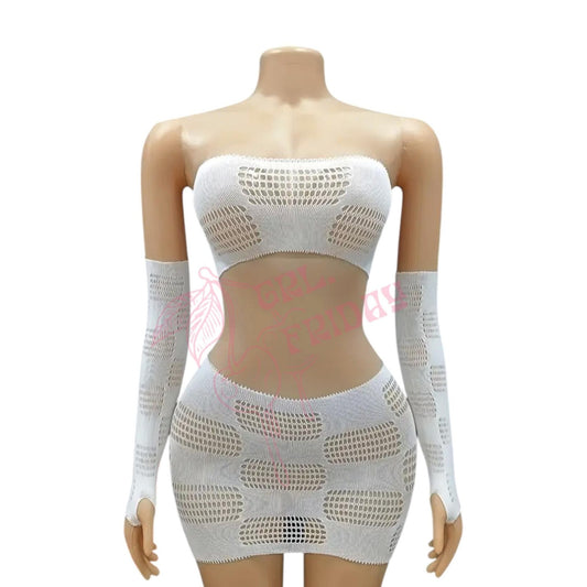 White Checker Board Fishnet Mesh Skirt Set with Matching Gloves - GrlFriday Shop
