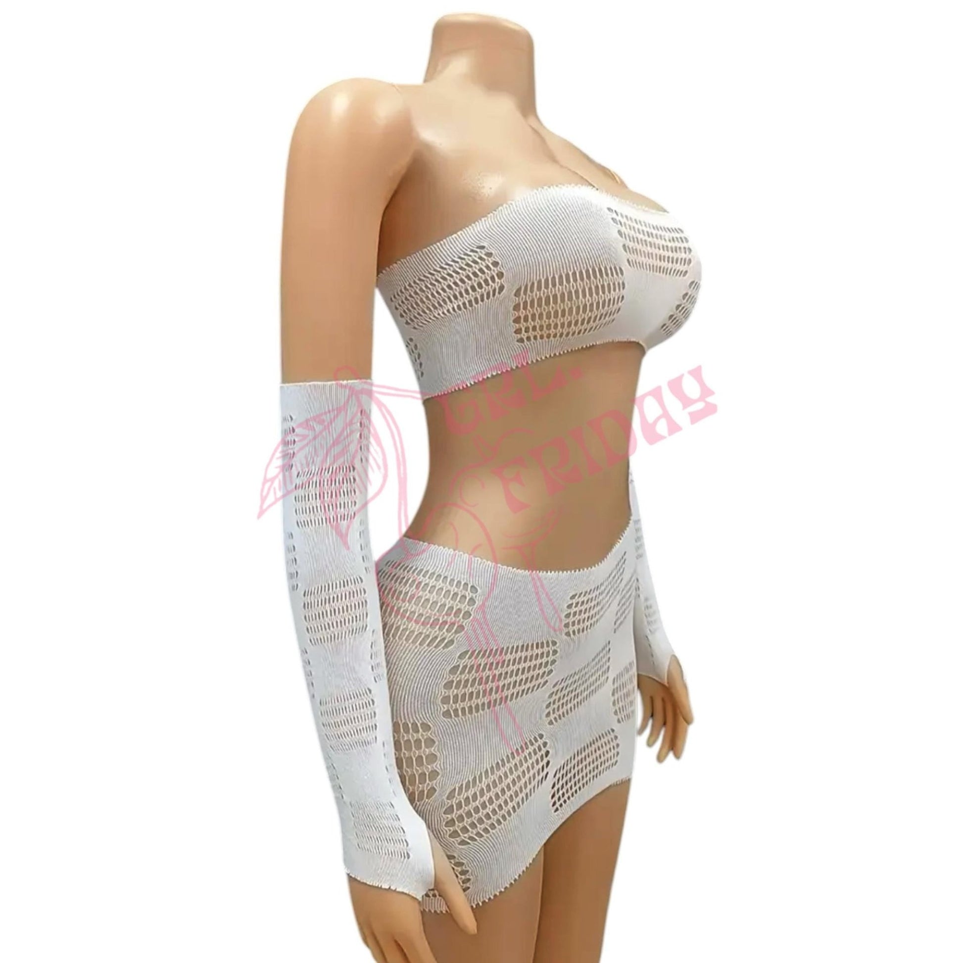 White Checker Board Fishnet Mesh Skirt Set with Matching Gloves - GrlFriday Shop