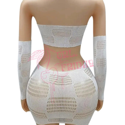 White Checker Board Fishnet Mesh Skirt Set with Matching Gloves - GrlFriday Shop