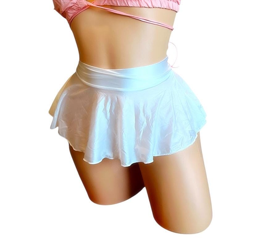 White Shiny Satin Spandex Extreme Micro Mini Skater Ruffle Circle Skirt - EXOTIC DANCEWEAR - GrlFriday Shop