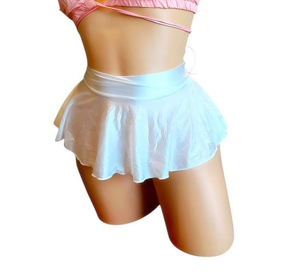 White Shiny Satin Spandex Extreme Micro Mini Skater Ruffle Circle Skirt - EXOTIC DANCEWEAR - GrlFriday Shop