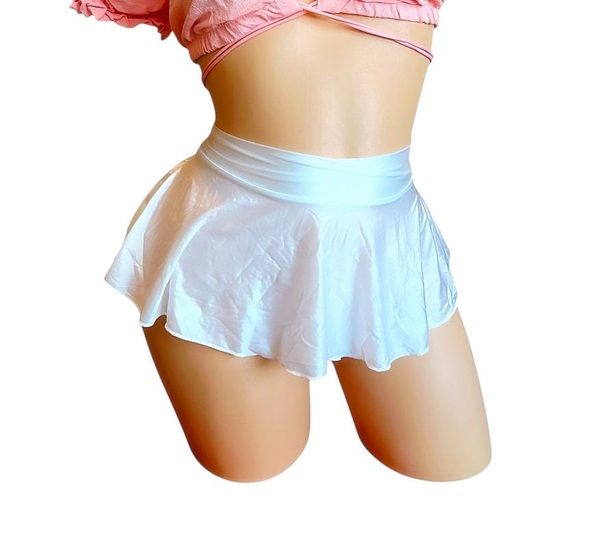 White Shiny Satin Spandex Extreme Micro Mini Skater Ruffle Circle Skirt - EXOTIC DANCEWEAR - GrlFriday Shop